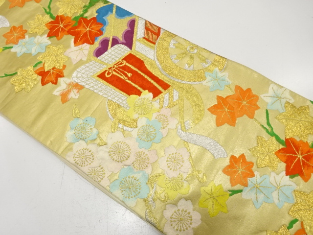 JAPANESE KIMONO / ANTIQUE FUKURO OBI / SILK / WOVEN CARRIAGE & SAKURA & MAPLE